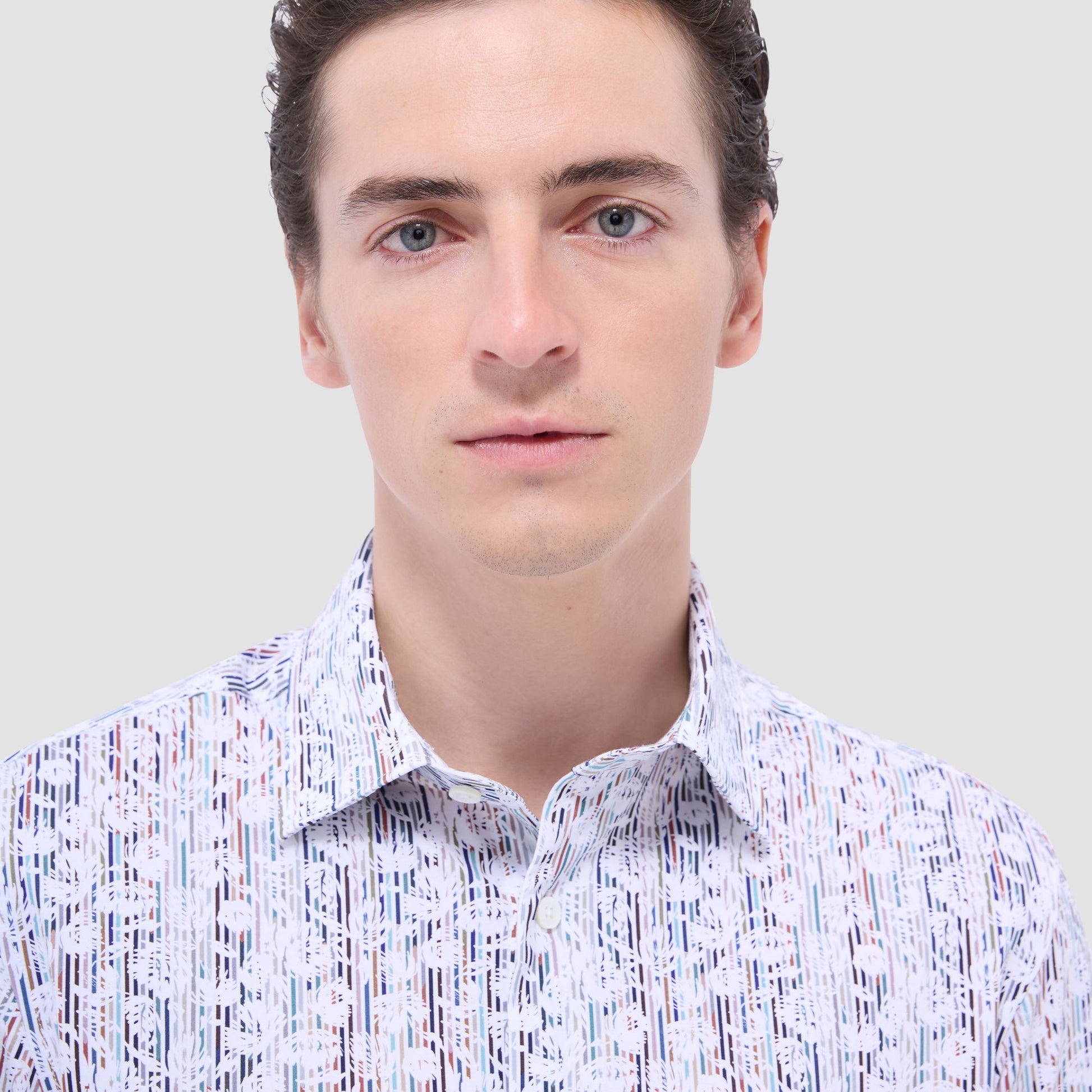Bugatchi Miles Striped Floral OoohCotton® Short-Sleeve Shirt Cloud Gray