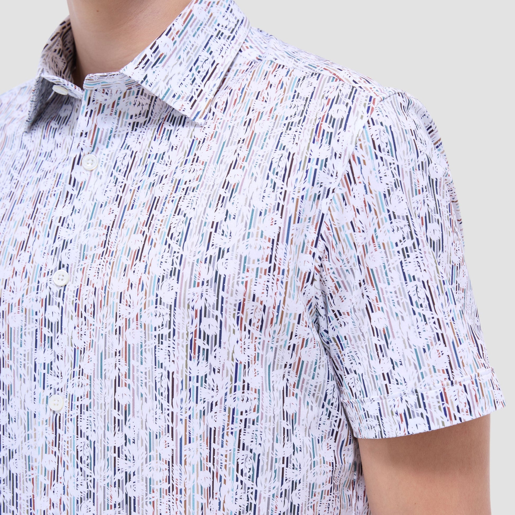 Bugatchi Miles Striped Floral OoohCotton® Short-Sleeve Shirt Cloud Gray