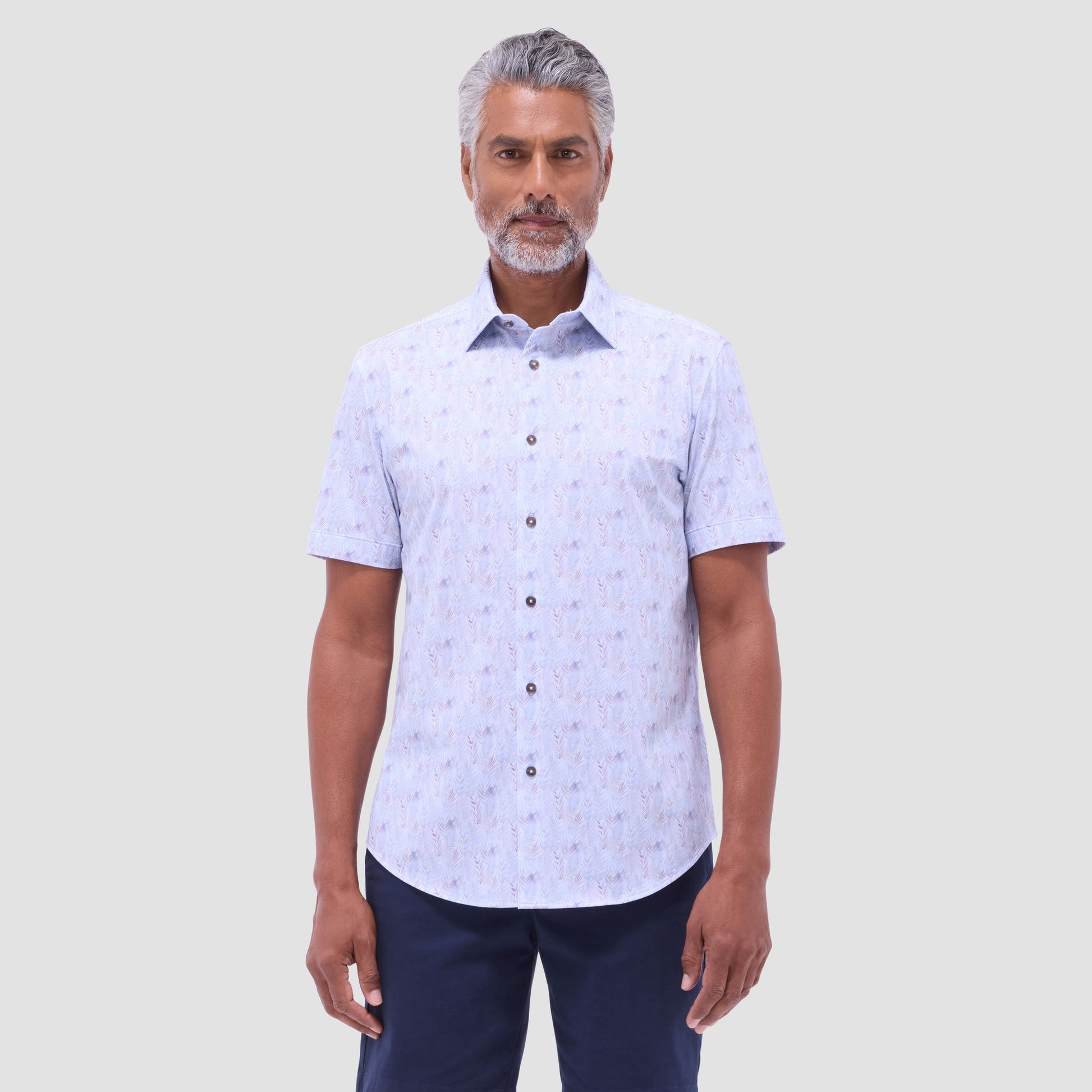 Bugatchi Miles Leaf Print OoohCotton® Short-Sleeve Shirt Air Blue