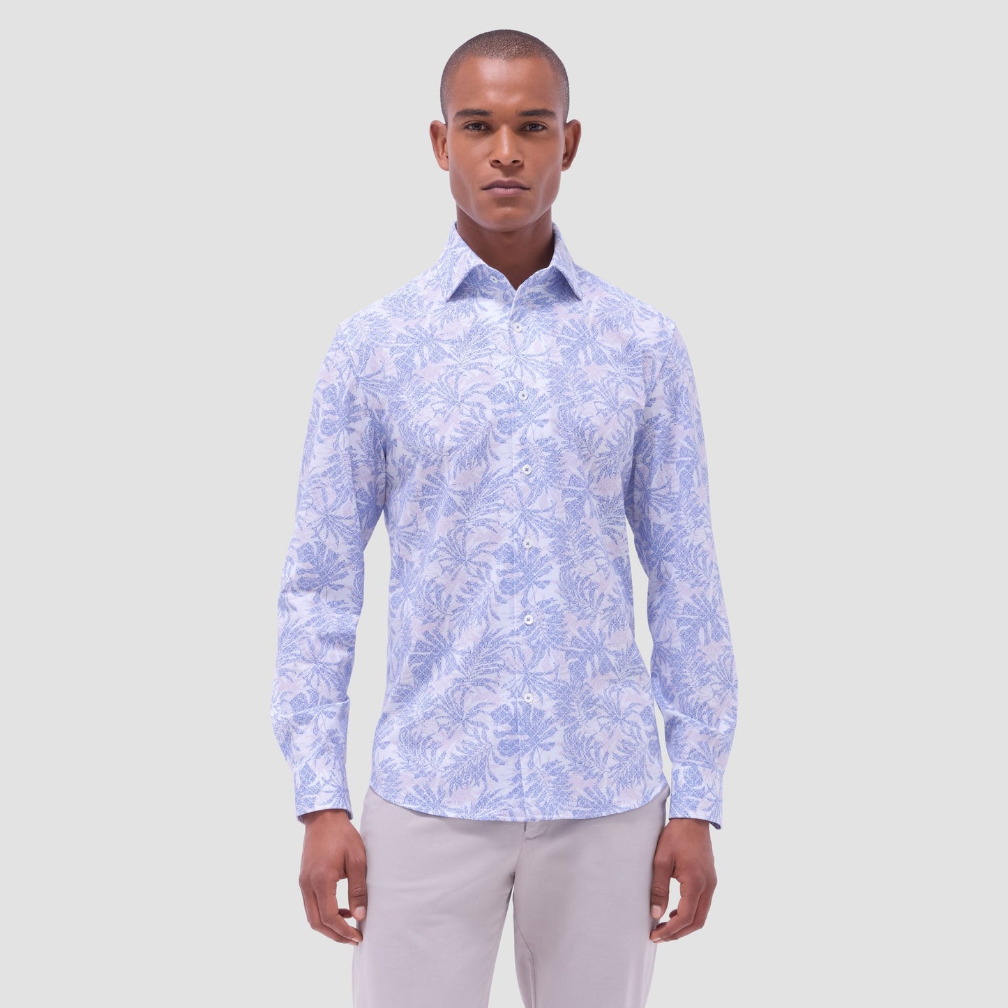 Bugatchi Devon Leaf Print OoohCotton® Shirt Air Blue