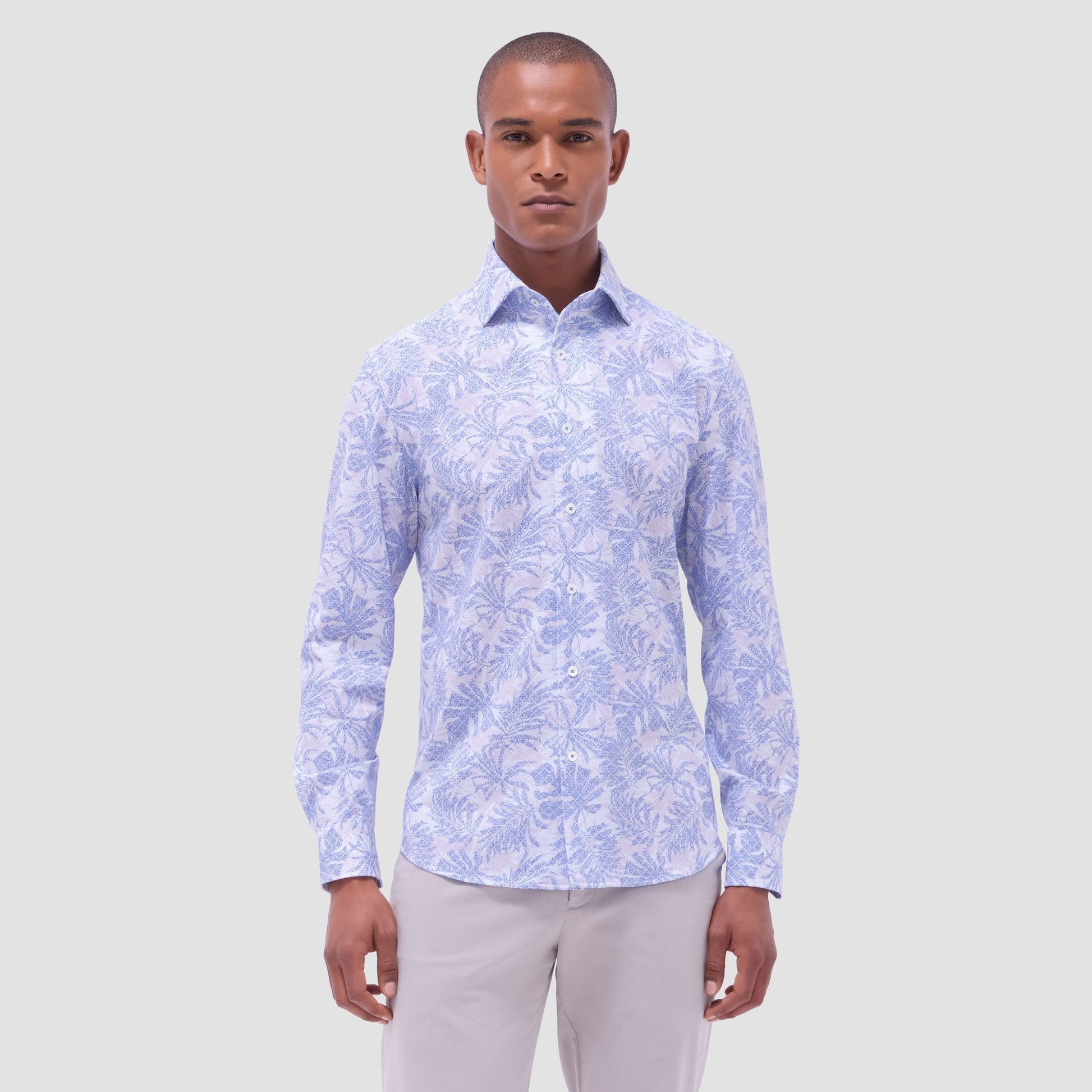 Bugatchi Devon Leaf Print OoohCotton® Shirt Air Blue