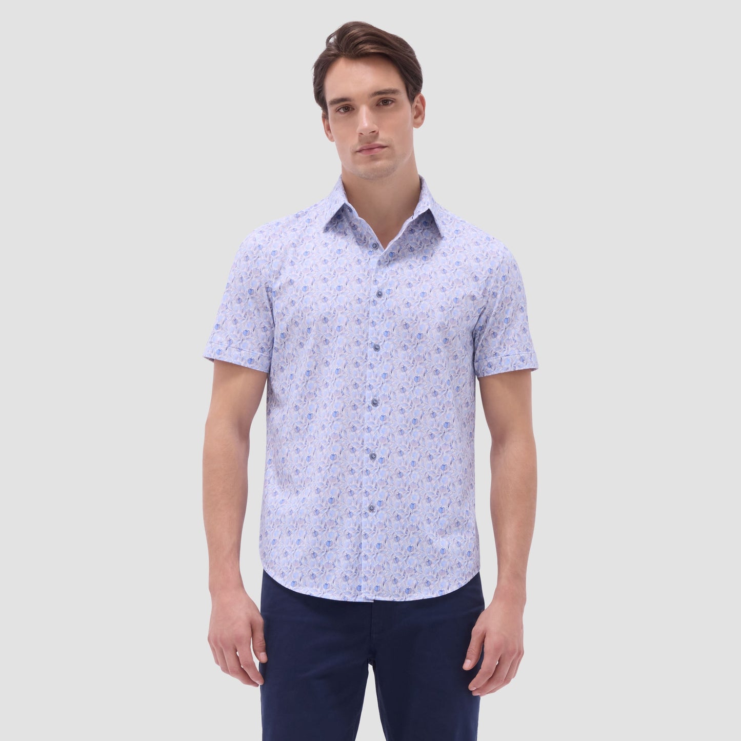 Bugatchi Miles Leaf Print OoohCotton® Short-Sleeve Shirt Air Blue