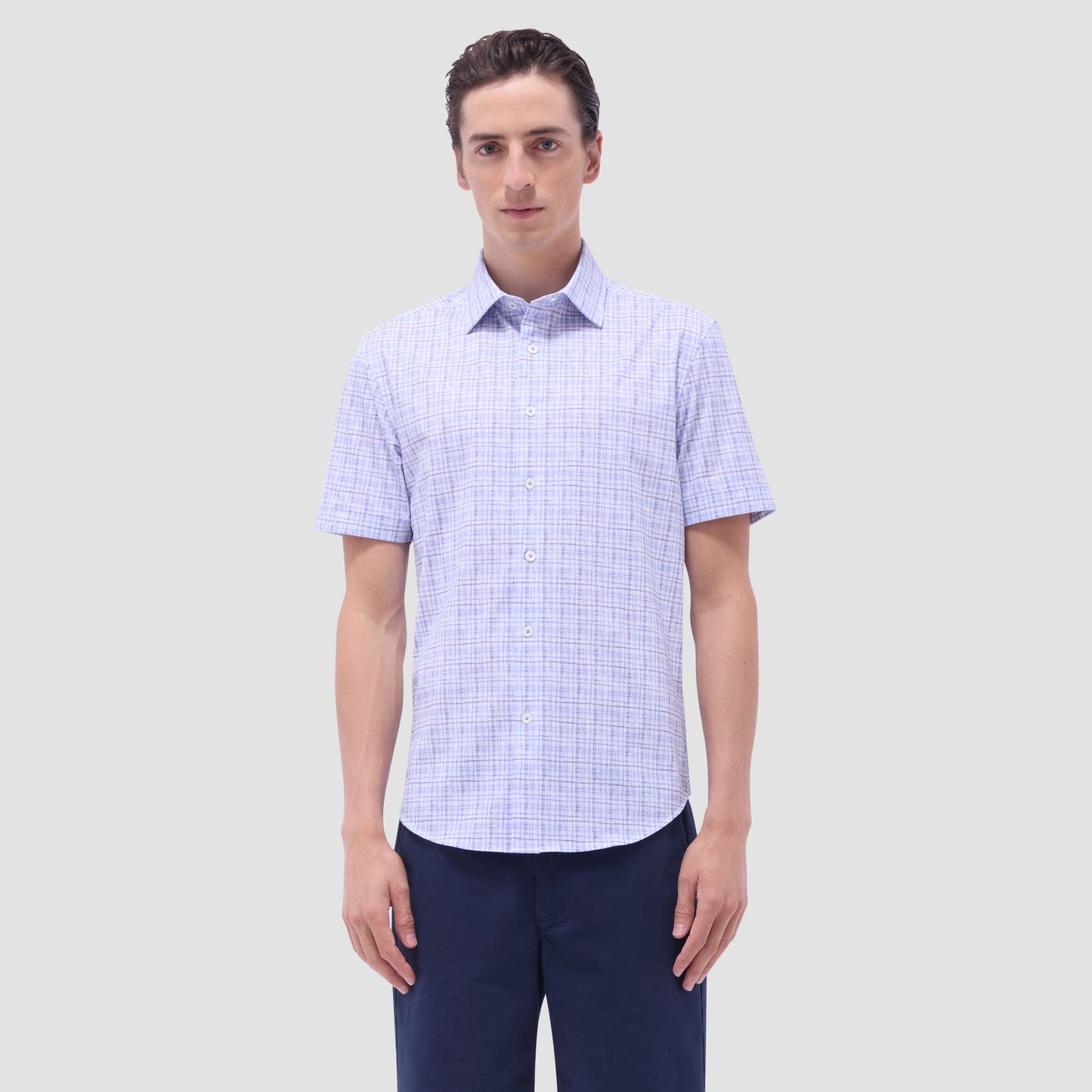 Bugatchi Miles Plaid Print OoohCotton® Short-Sleeve Shirt Air Blue
