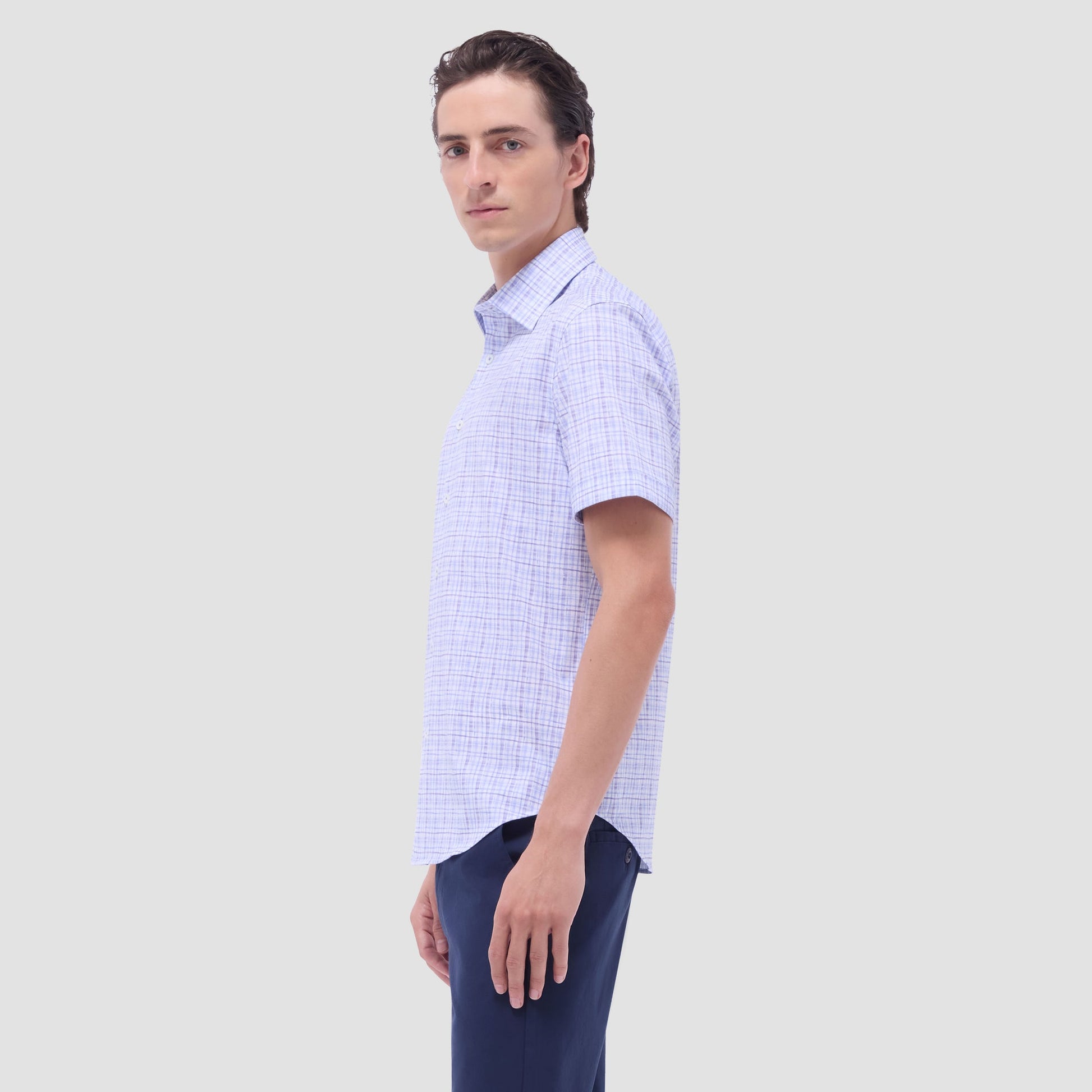Bugatchi Miles Plaid Print OoohCotton® Short-Sleeve Shirt Air Blue