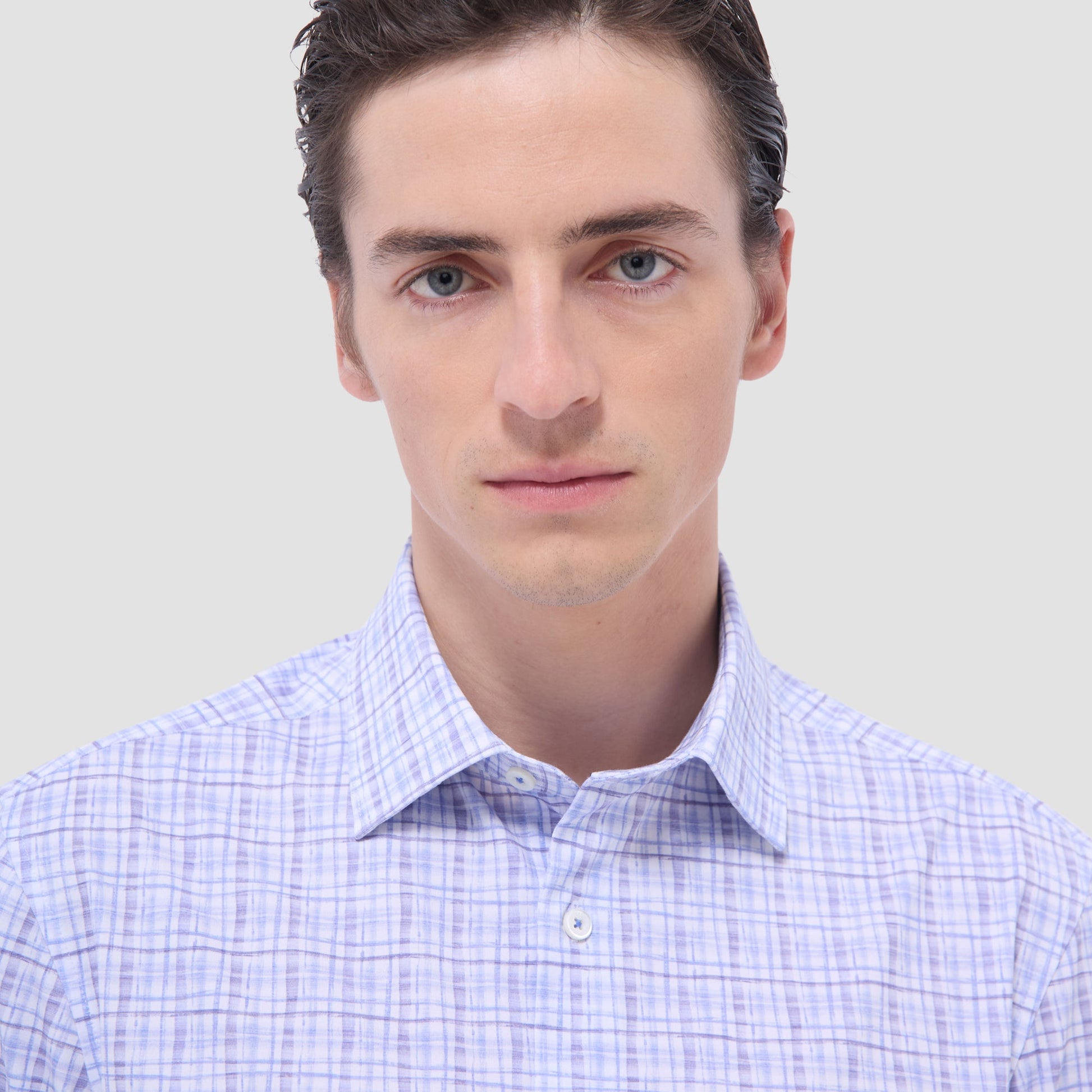 Bugatchi Miles Plaid Print OoohCotton® Short-Sleeve Shirt Air Blue