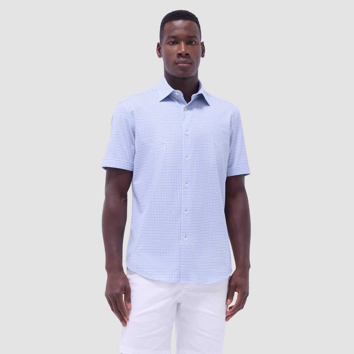 Bugatchi Miles Gingham Check OoohCotton® Short-Sleeve Shirt Air Blue