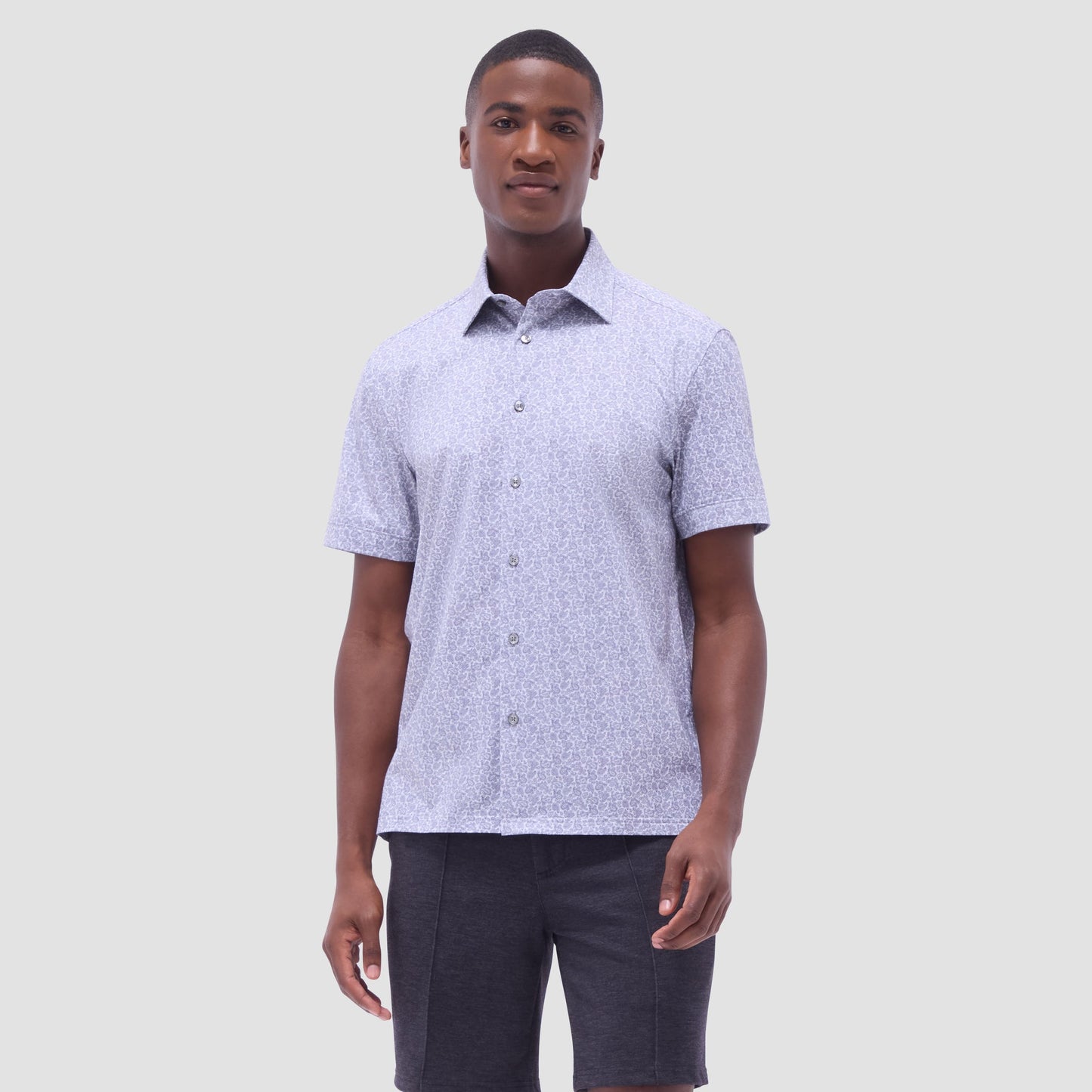 Bugatchi Milo Paisley OoohCotton® Short-Sleeve Shirt Platinum