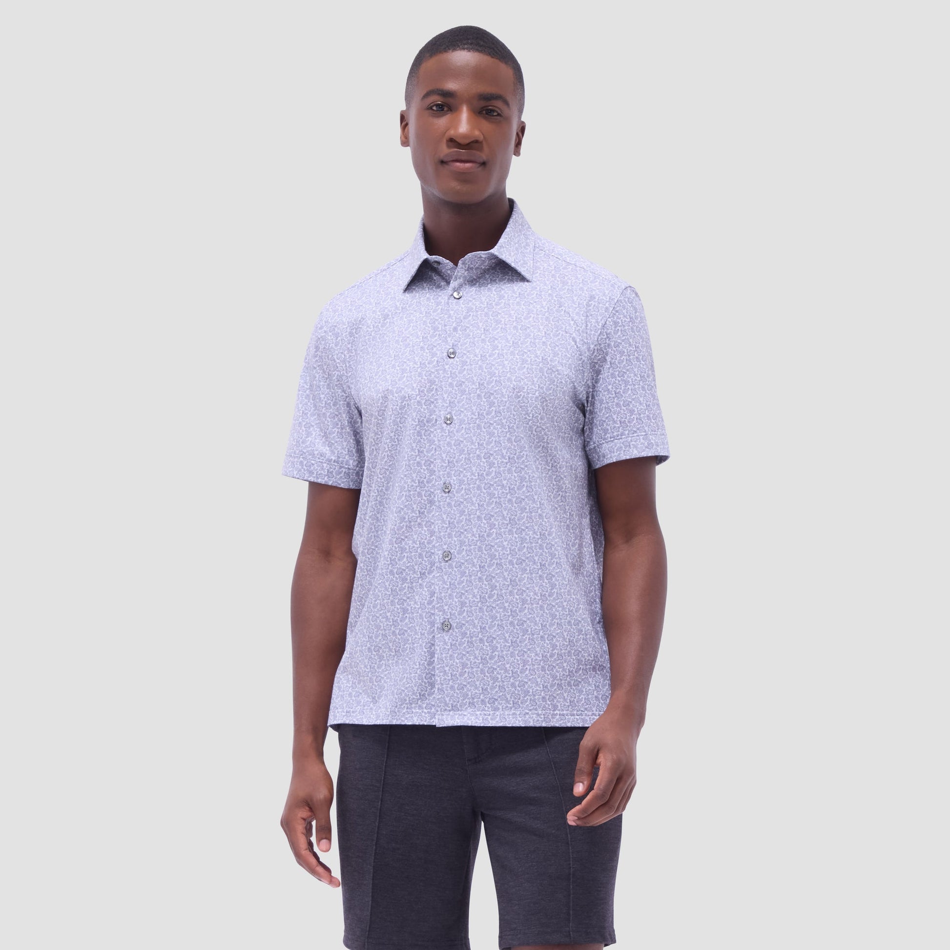 Bugatchi Milo Paisley OoohCotton® Short-Sleeve Shirt Platinum
