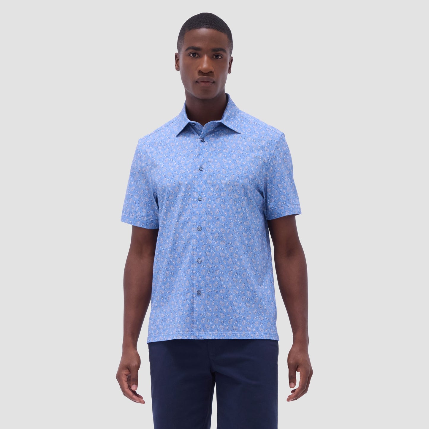 Bugatchi Milo Leaf Print OoohCotton® Short-Sleeve Shirt Air Blue