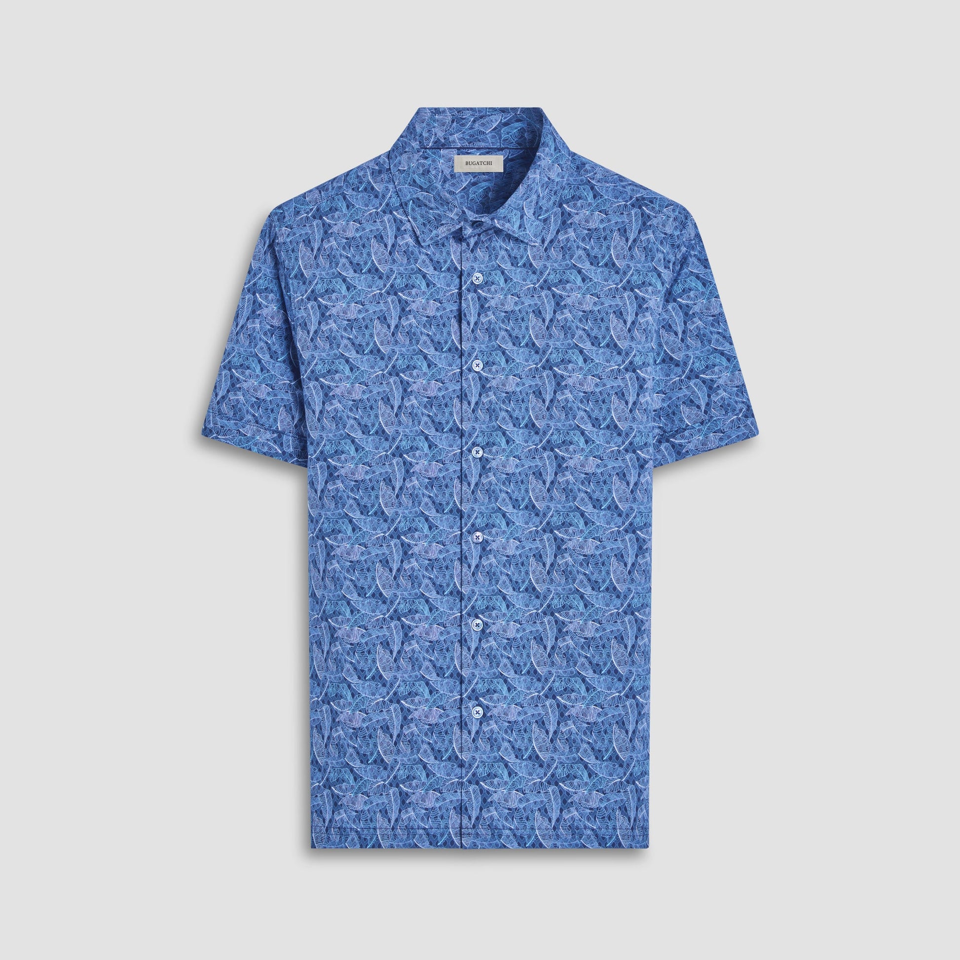 Bugatchi Milo Leaf Print OoohCotton® Short-Sleeve Shirt Night Blue
