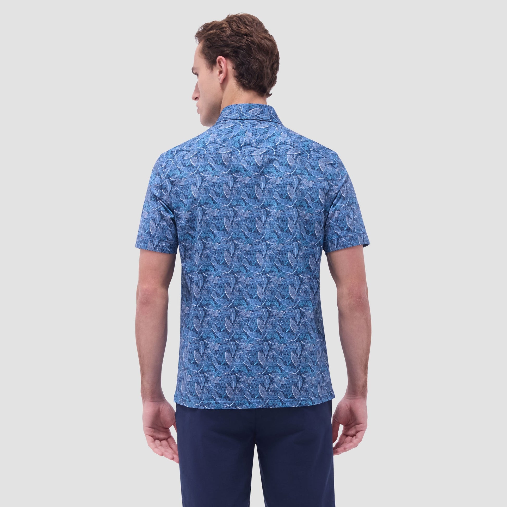 Bugatchi Milo Leaf Print OoohCotton® Short-Sleeve Shirt Night Blue