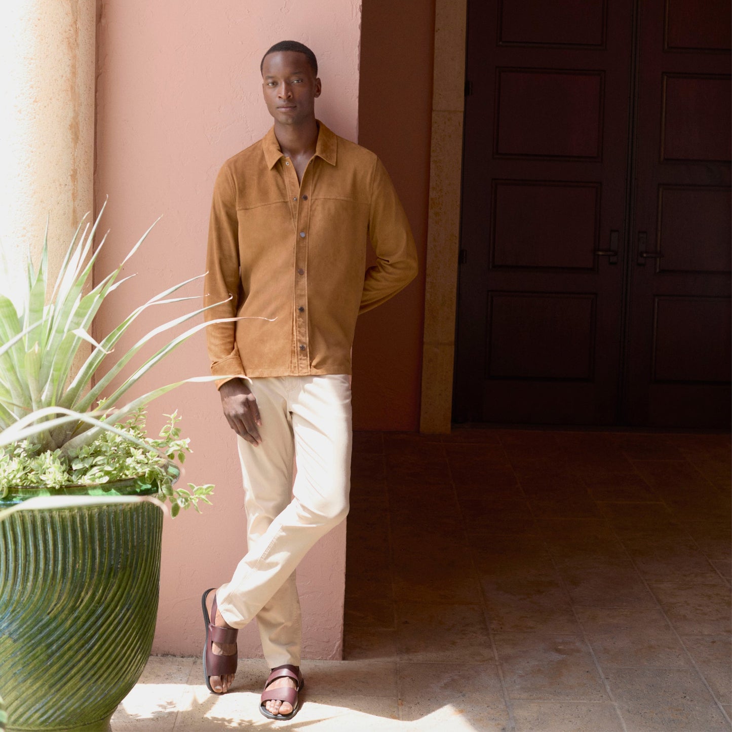 Bugatchi Perforated Suede Shirt Jacket Tan