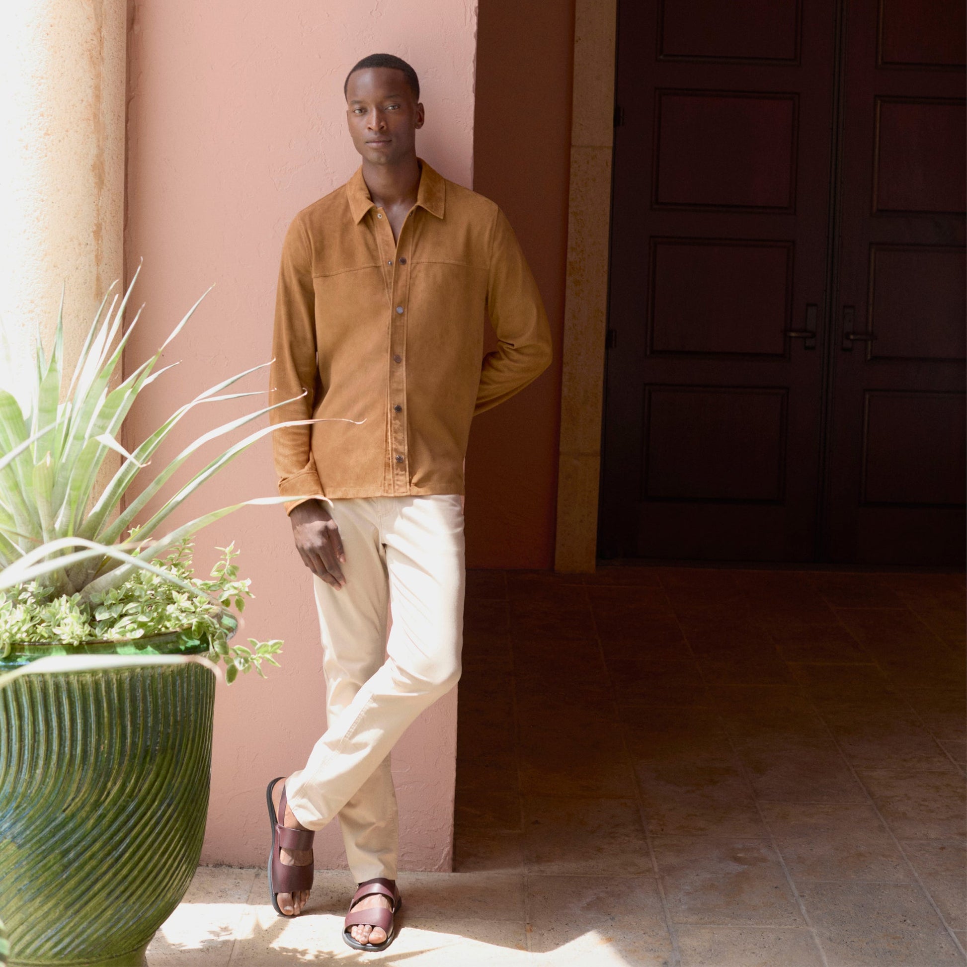 Bugatchi Perforated Suede Shirt Jacket Tan
