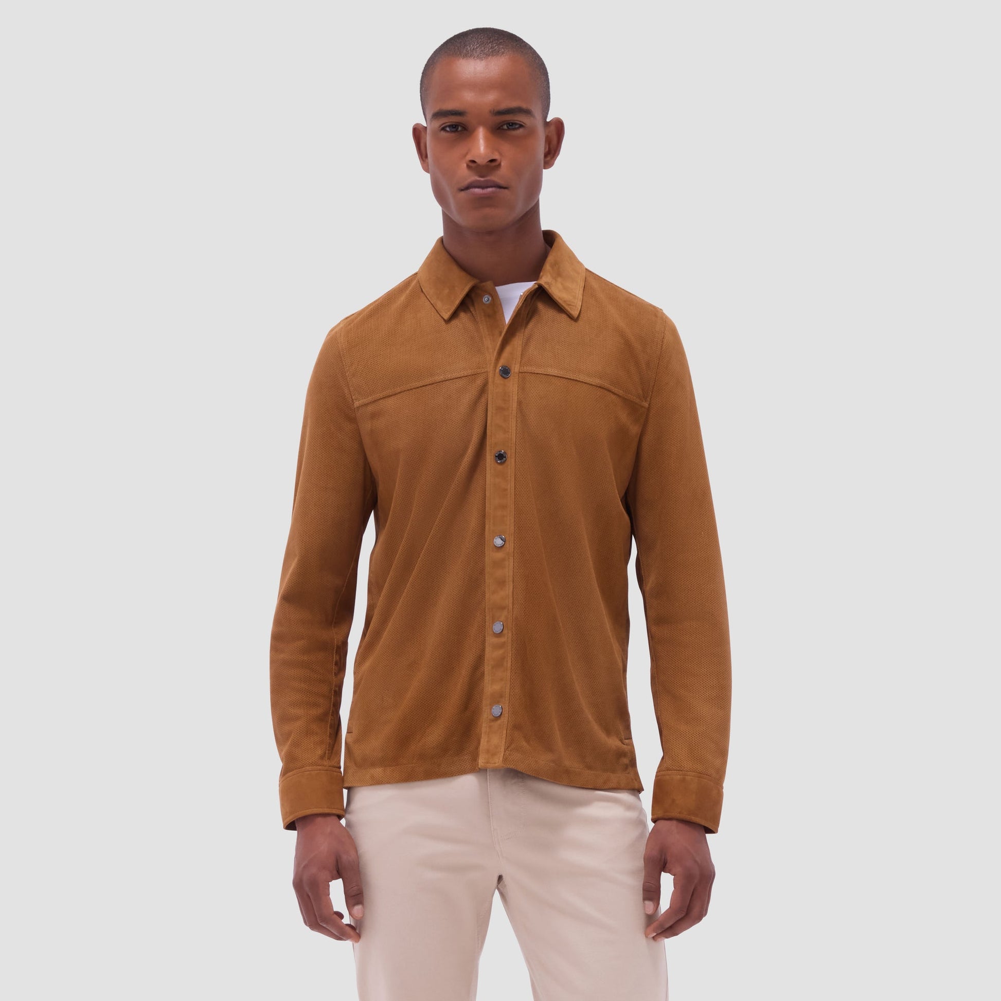 Bugatchi Perforated Suede Shirt Jacket Tan