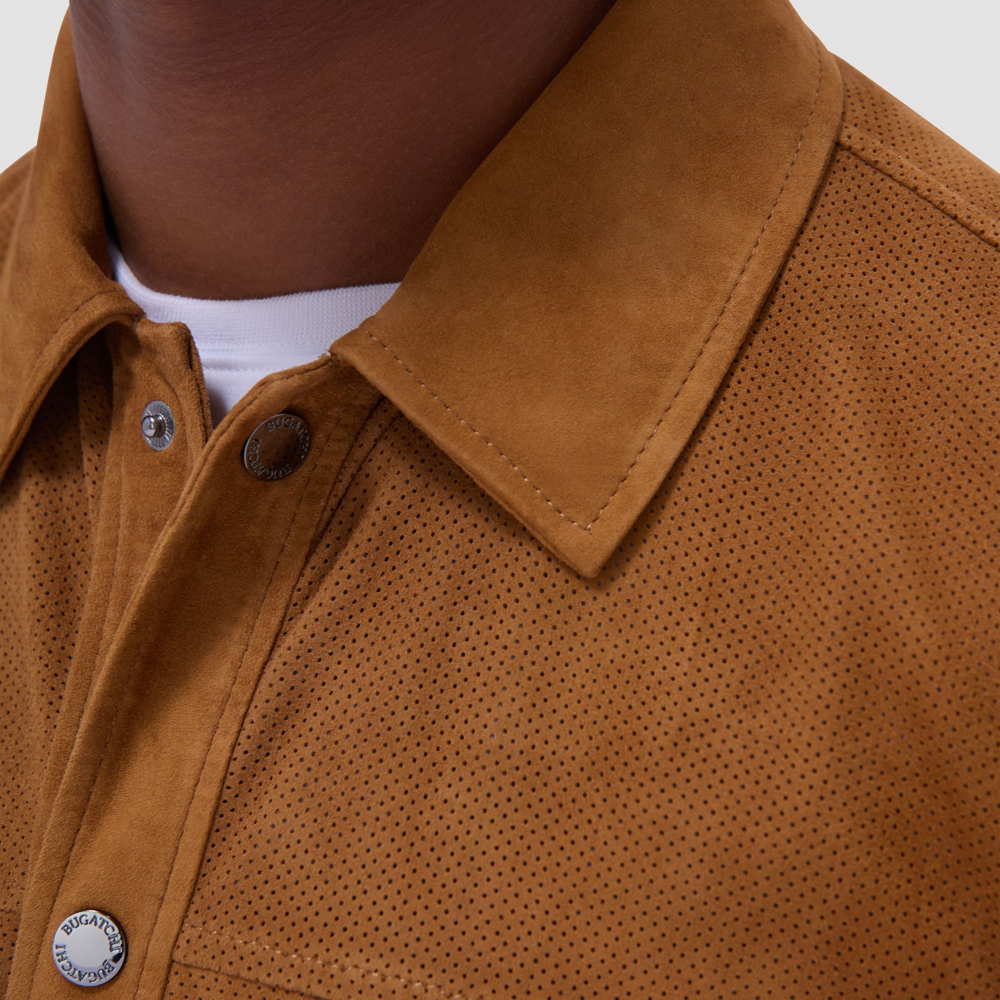 Bugatchi Perforated Suede Shirt Jacket Tan