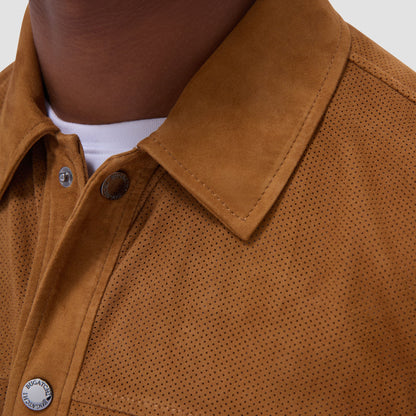 Bugatchi Perforated Suede Shirt Jacket Tan