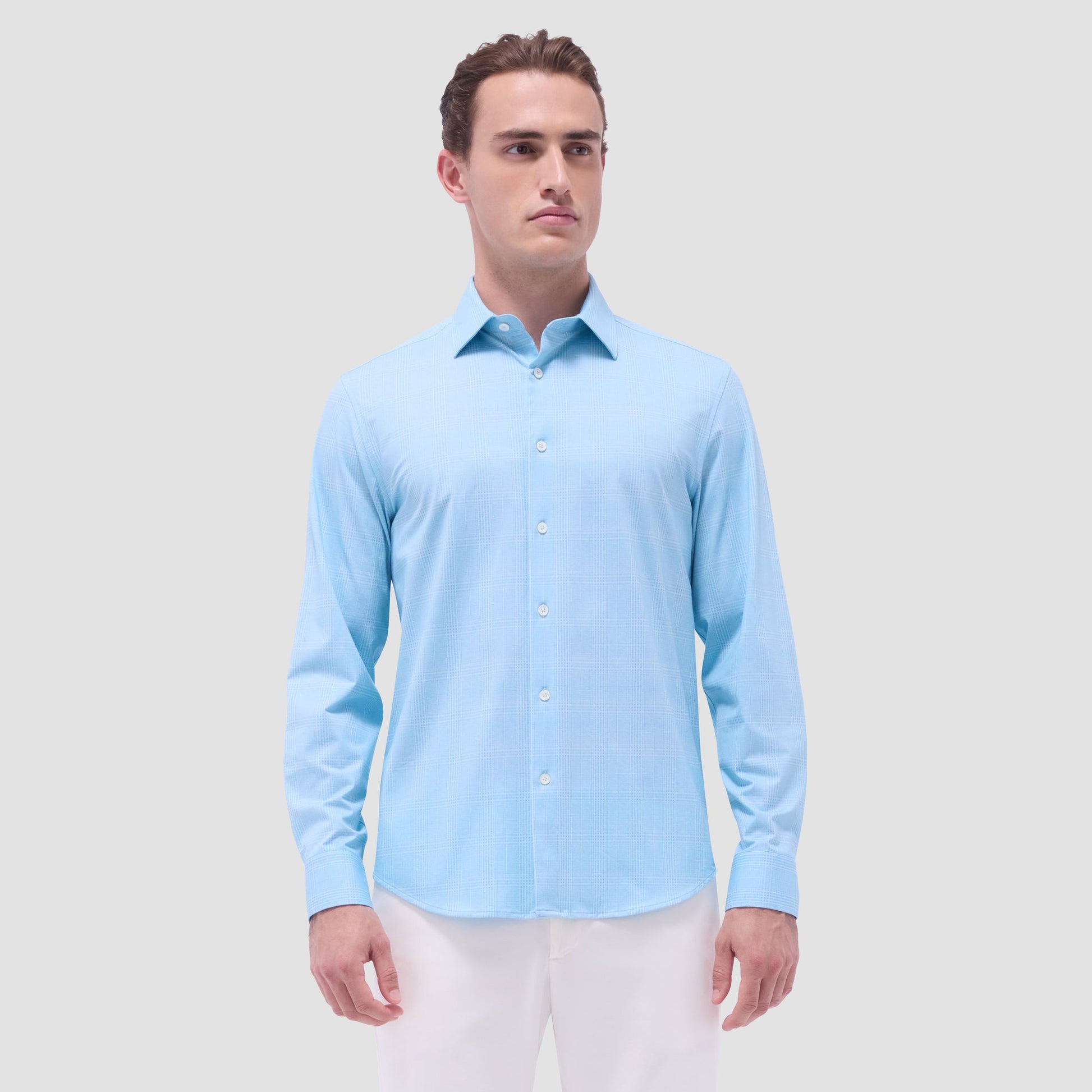 Bugatchi Jimmy Double-Sided Glen Plaid & Herringbone OoohCotton® Shirt Turquoise