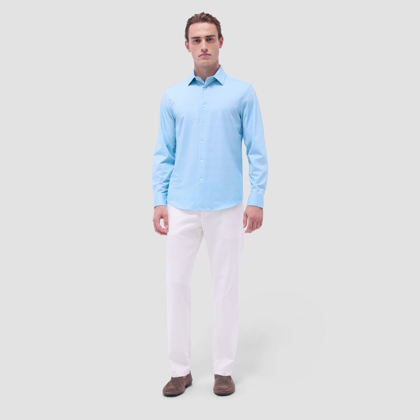 Bugatchi Jimmy Double-Sided Glen Plaid & Herringbone OoohCotton® Shirt Turquoise