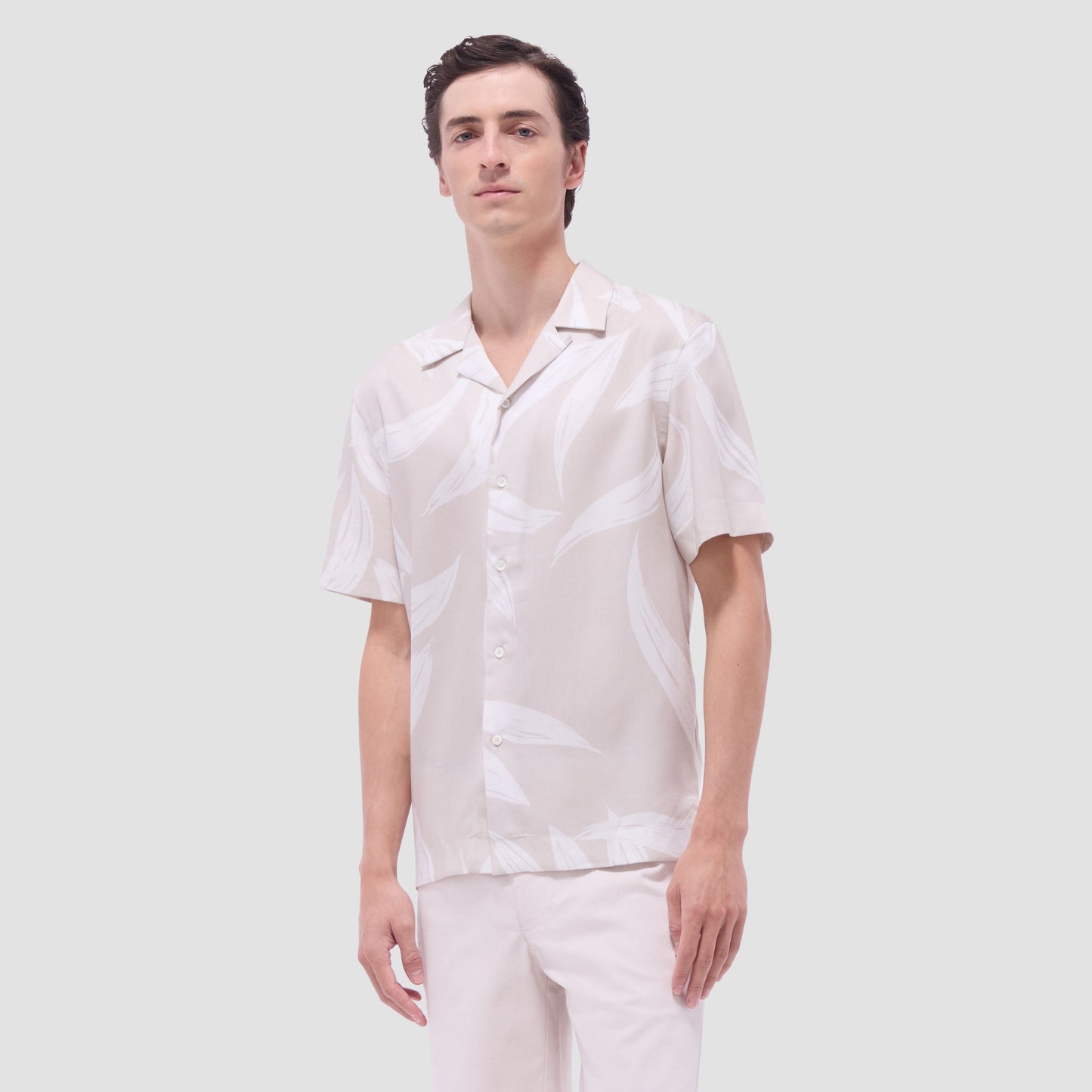 Bugatchi Jackson Leaf Print Camp Shirt Almond
