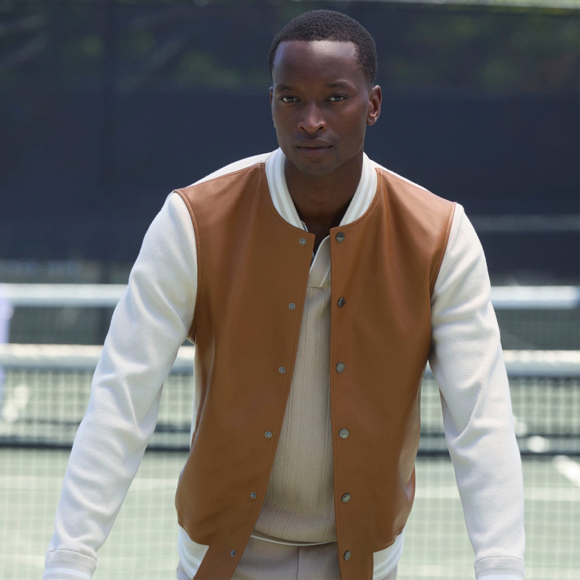 Bugatchi Varsity Hybrid Bomber Jacket Tan