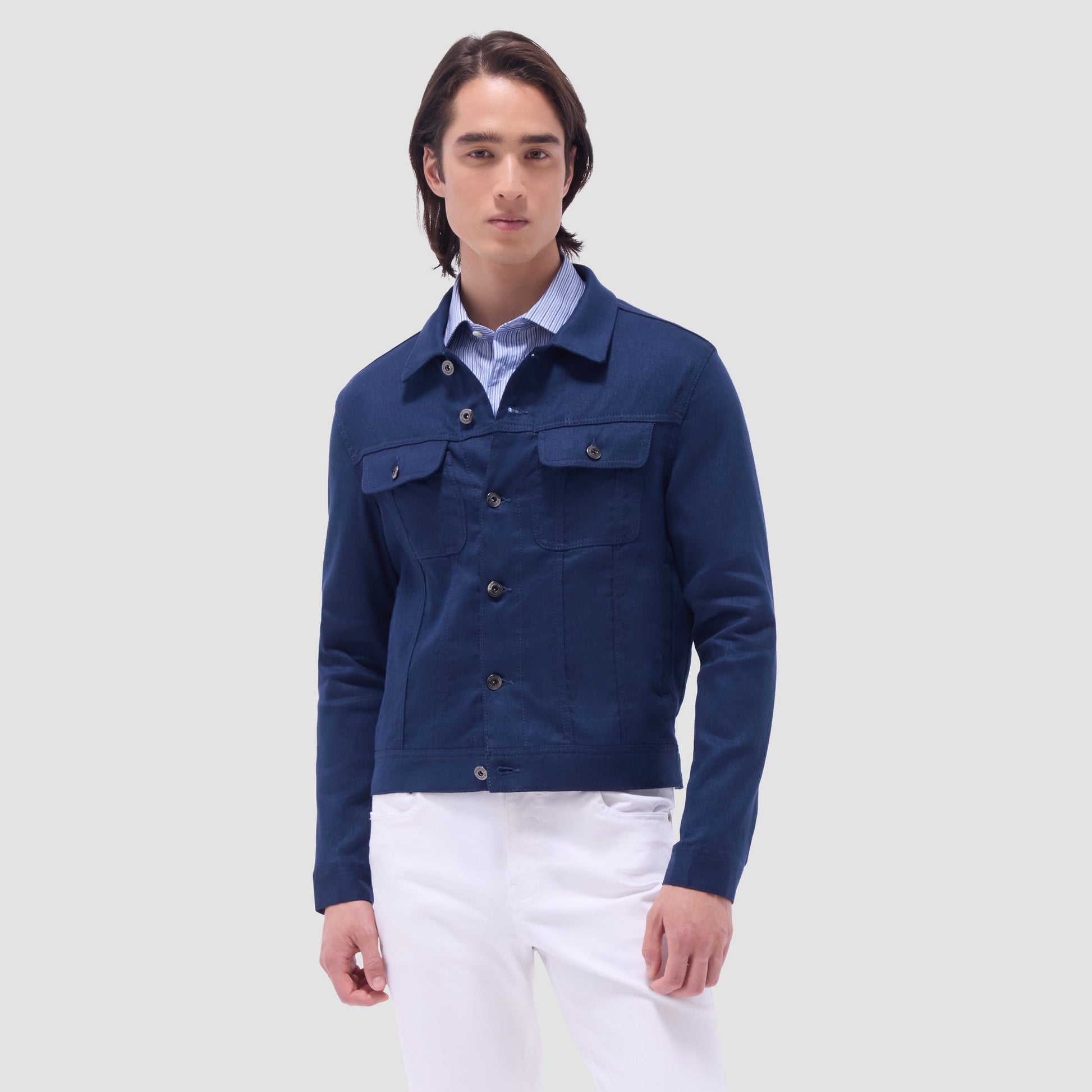 Bugatchi Linen-Cotton Trucker Jacket Navy