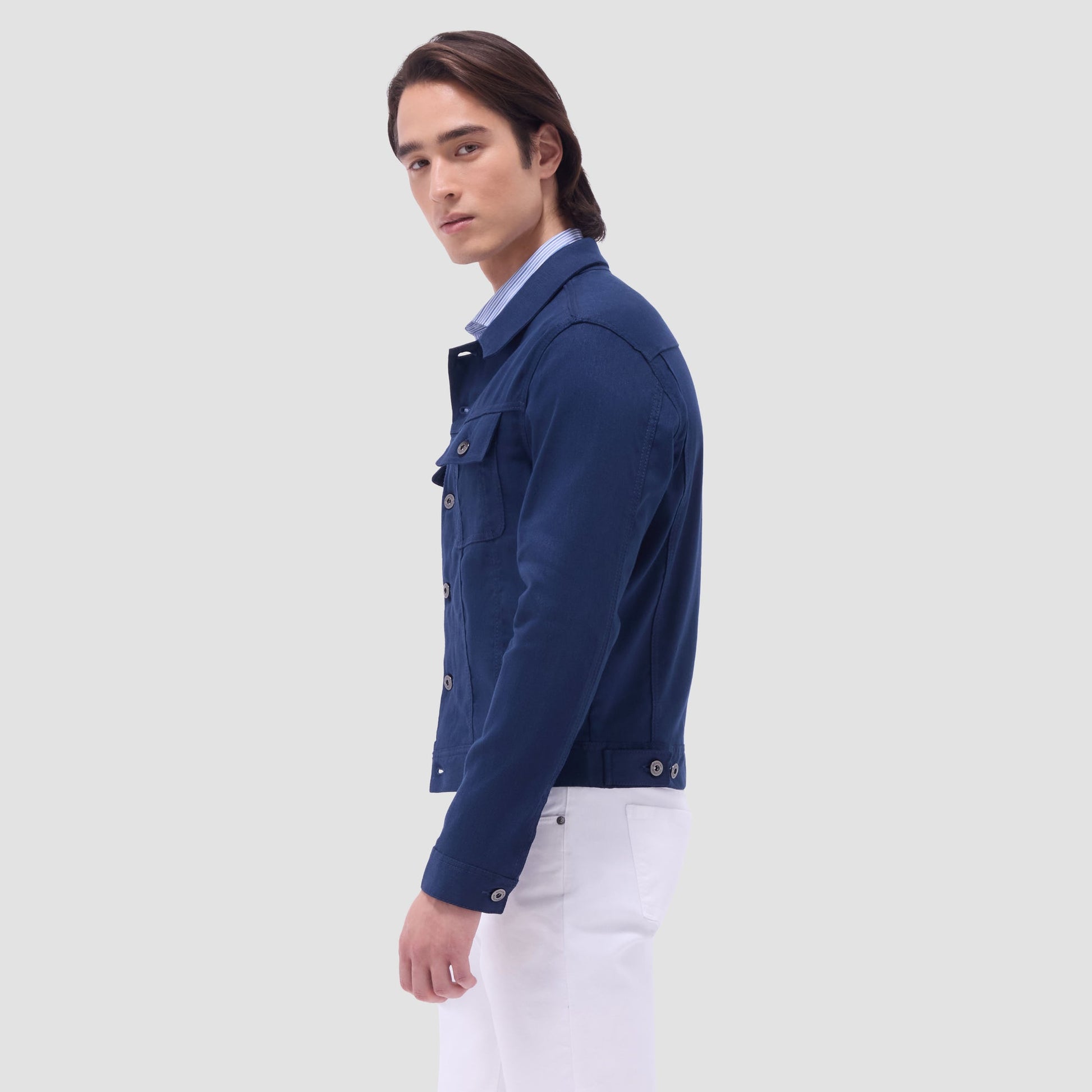Bugatchi Linen-Cotton Trucker Jacket Navy