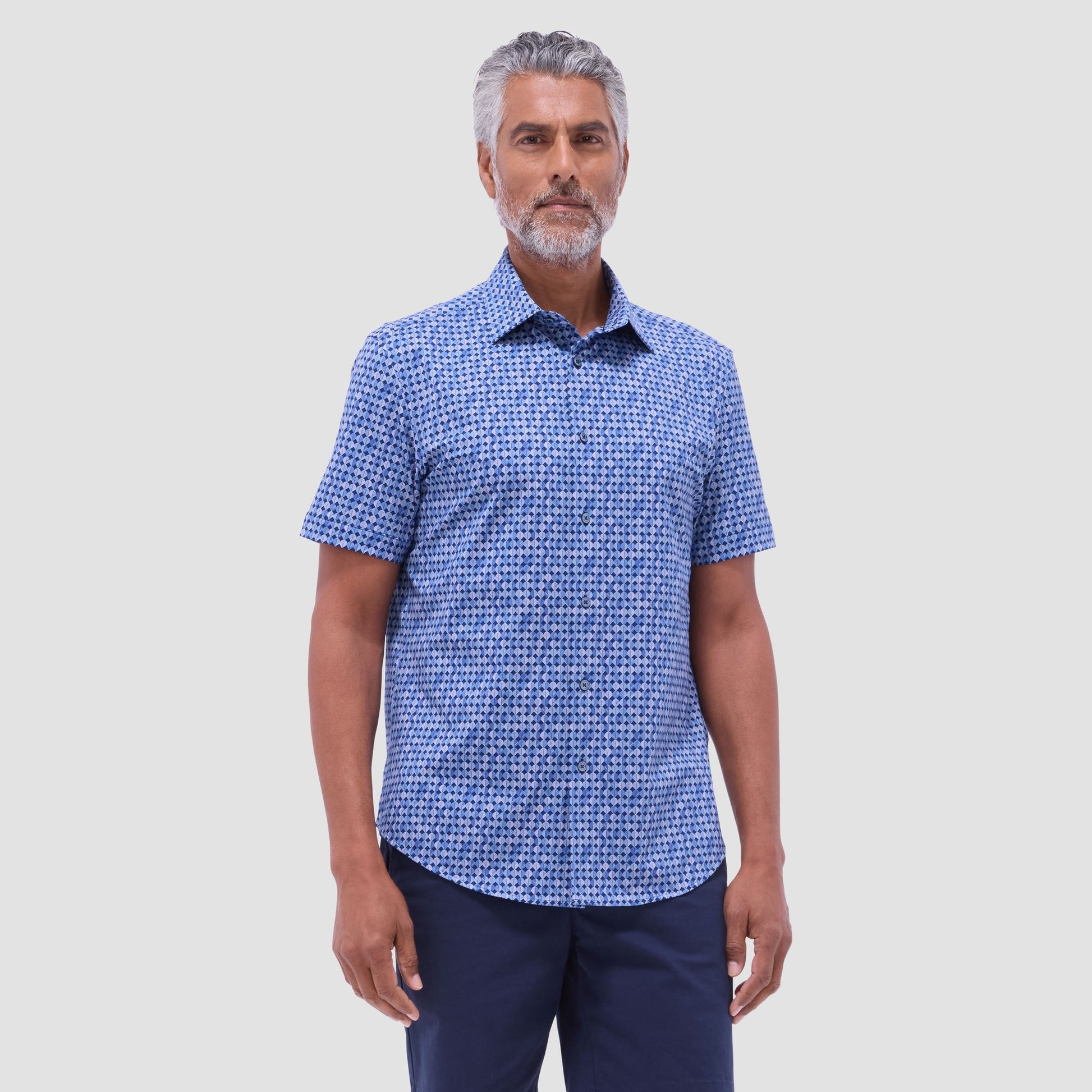 Bugatchi Miles Geometric OoohCotton® Short-Sleeve Shirt Night Blue