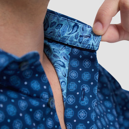 Bugatchi Jimmy Double-Sided Medallion & Paisley OoohCotton® Shirt Indigo