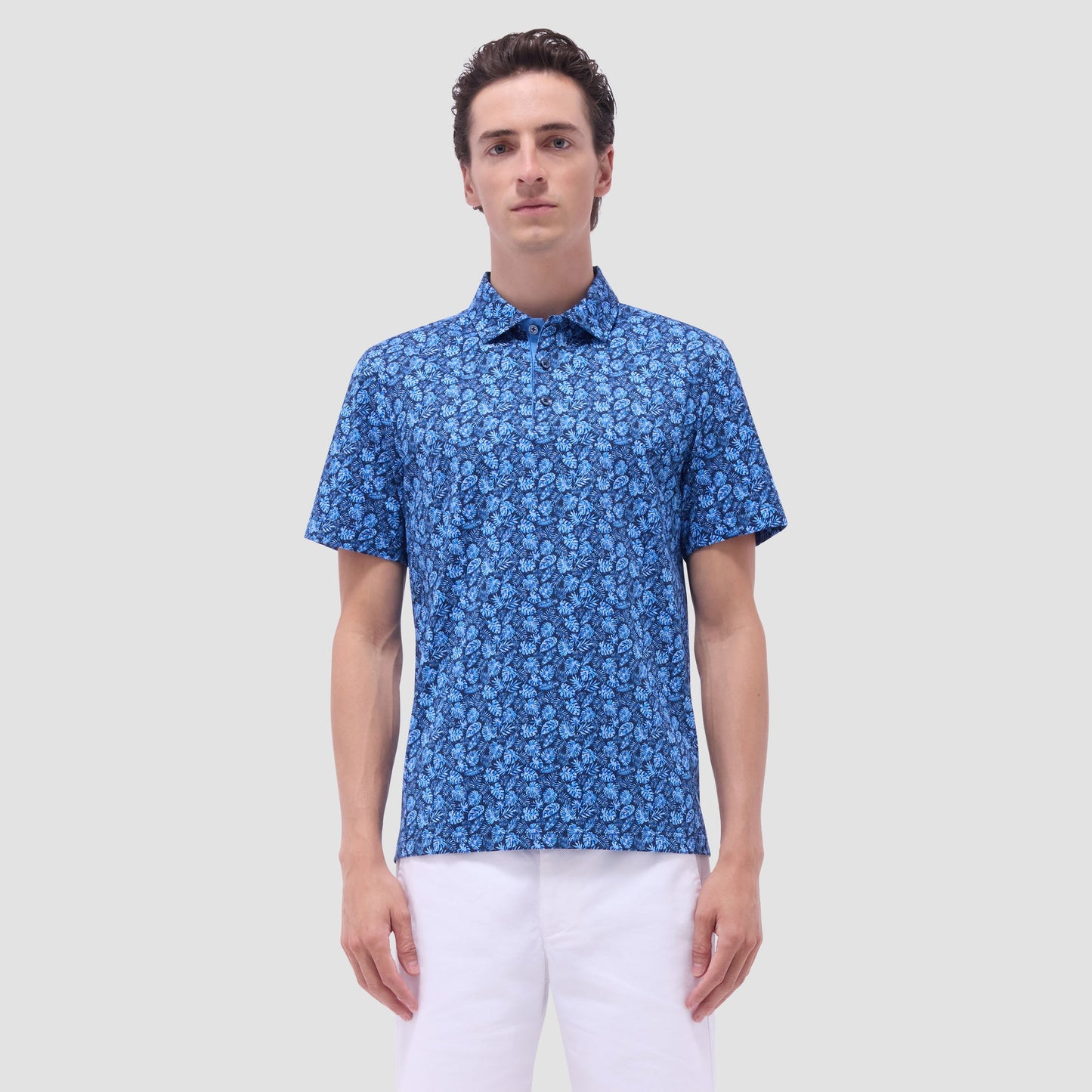 Bugatchi Vincent Double-Sided Leaf & Solid OoohCotton® Polo Shirt Night Blue