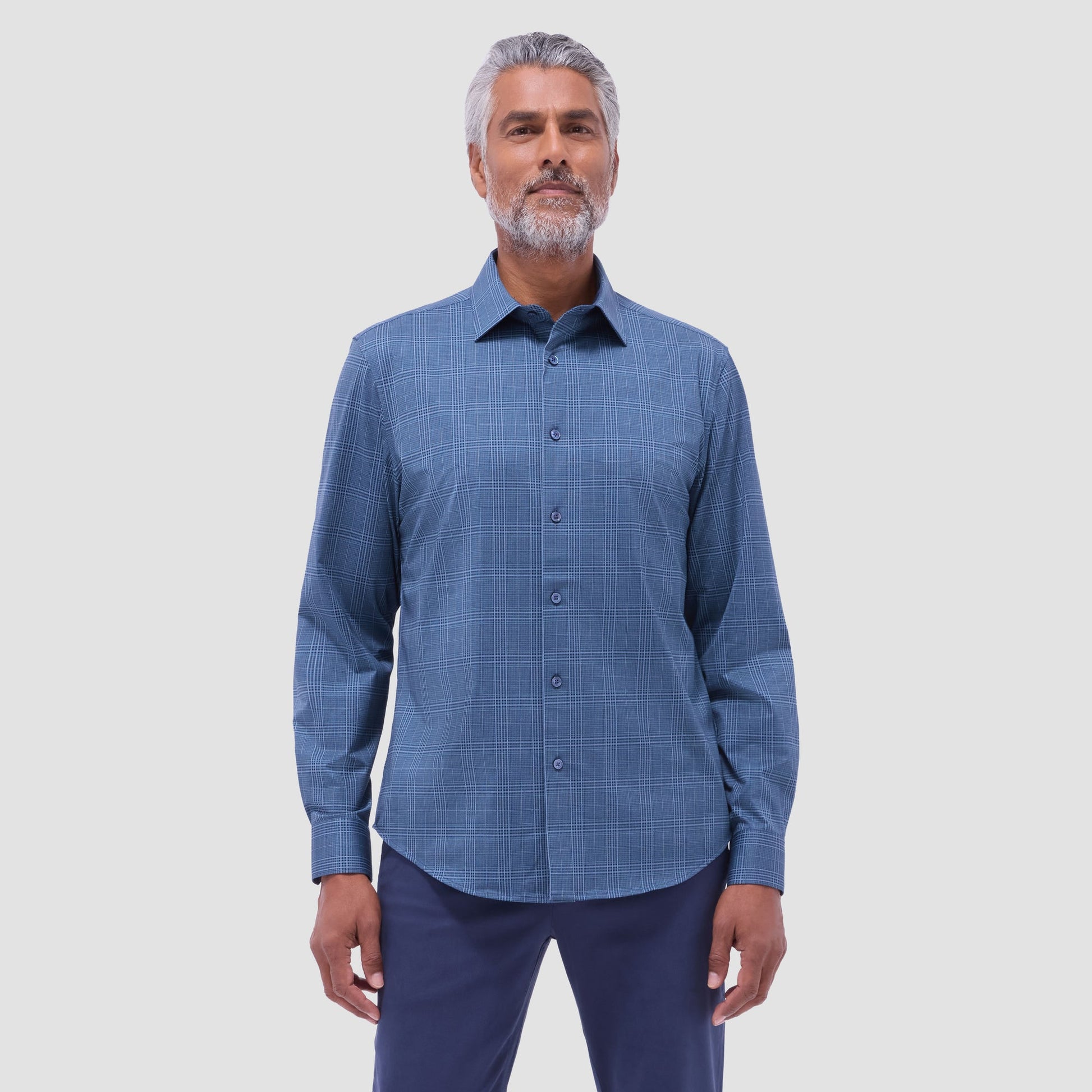 Bugatchi Jimmy Double-Sided Glen Plaid & Herringbone OoohCotton® Shirt Navy