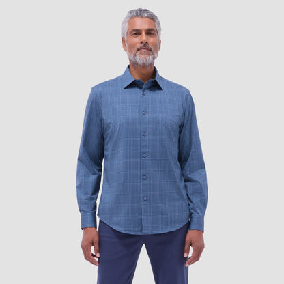 Bugatchi Jimmy Double-Sided Glen Plaid & Herringbone OoohCotton® Shirt Navy