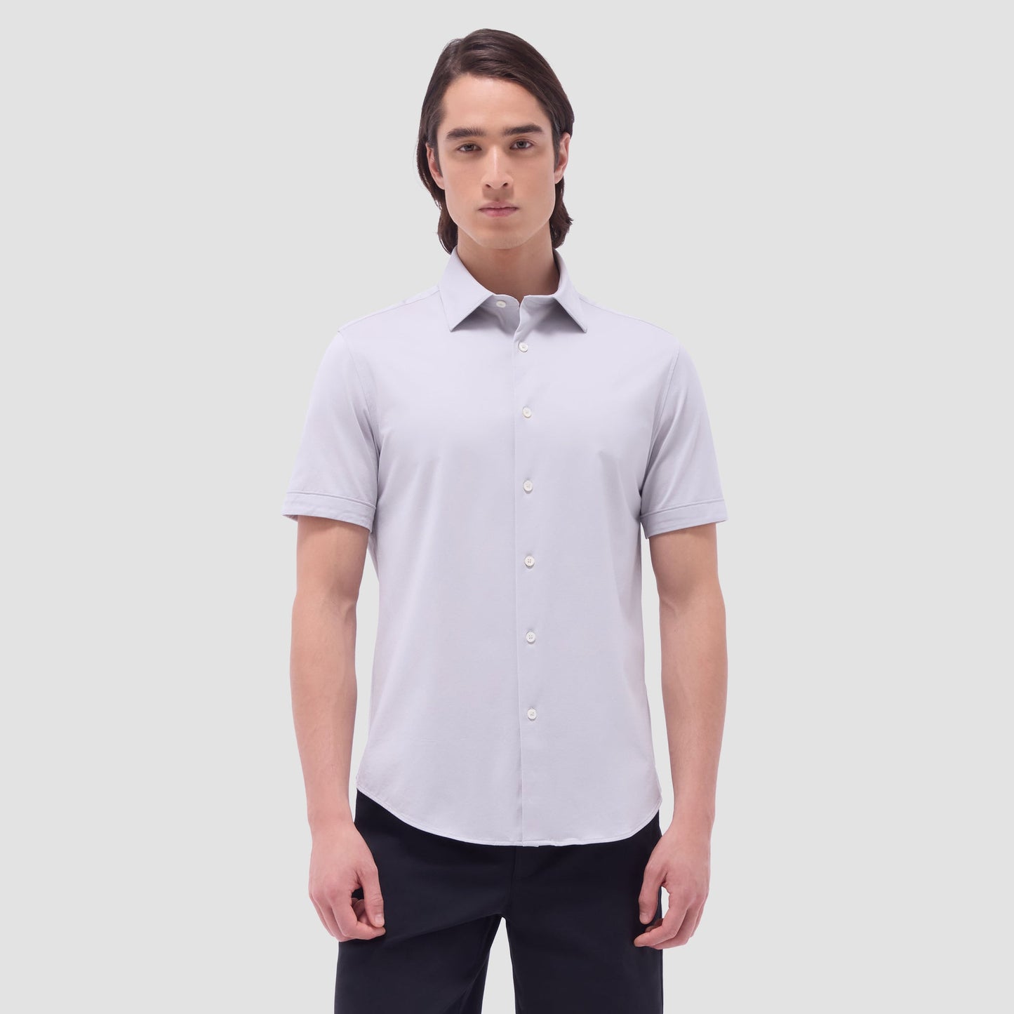 Bugatchi Miles Solid OoohCotton® Short Sleeve Shirt Silver