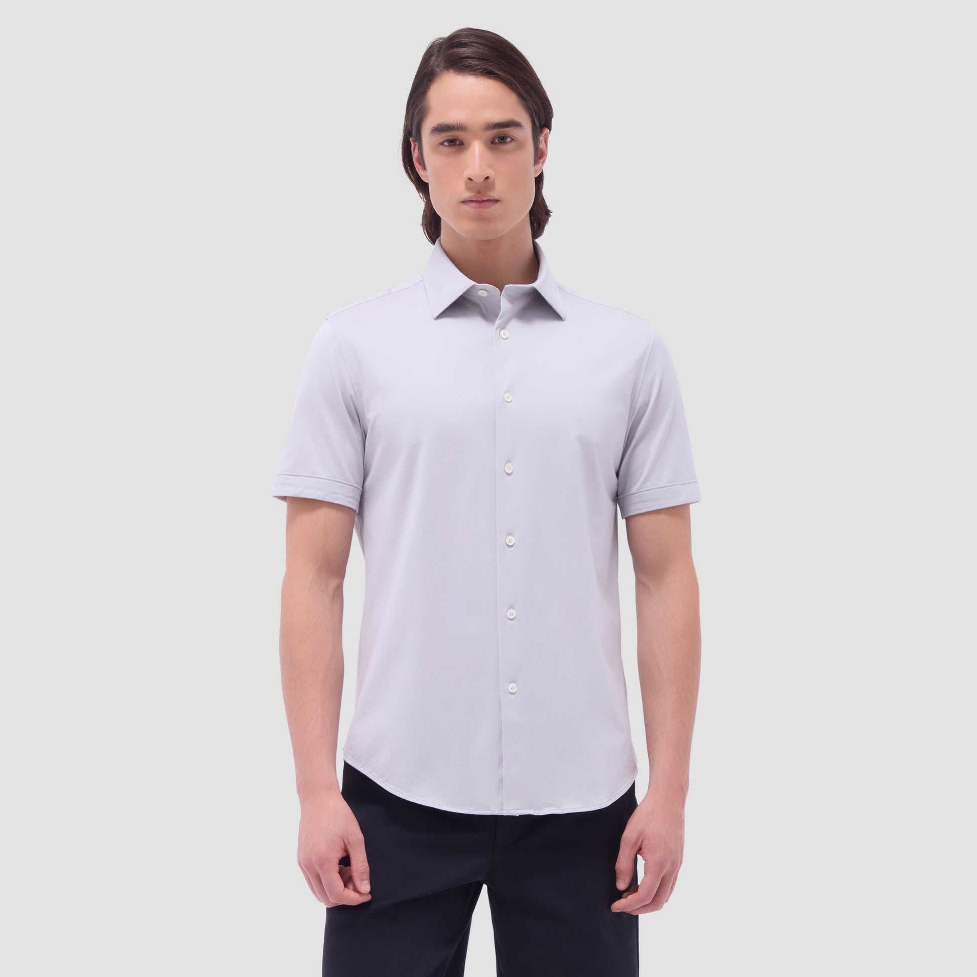 Bugatchi Miles Solid OoohCotton® Short Sleeve Shirt Silver