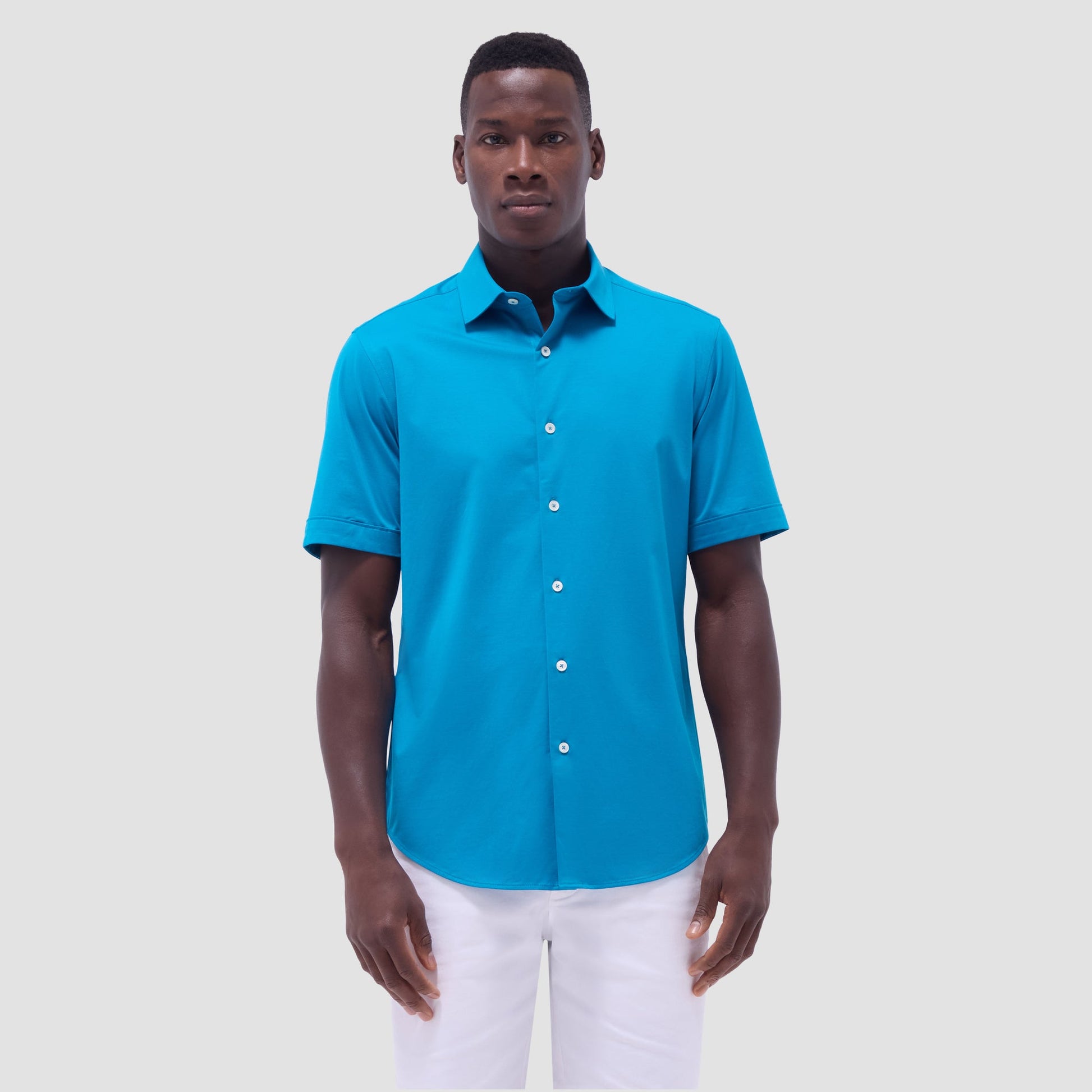 Bugatchi Miles Solid OoohCotton® Short Sleeve Shirt Teal