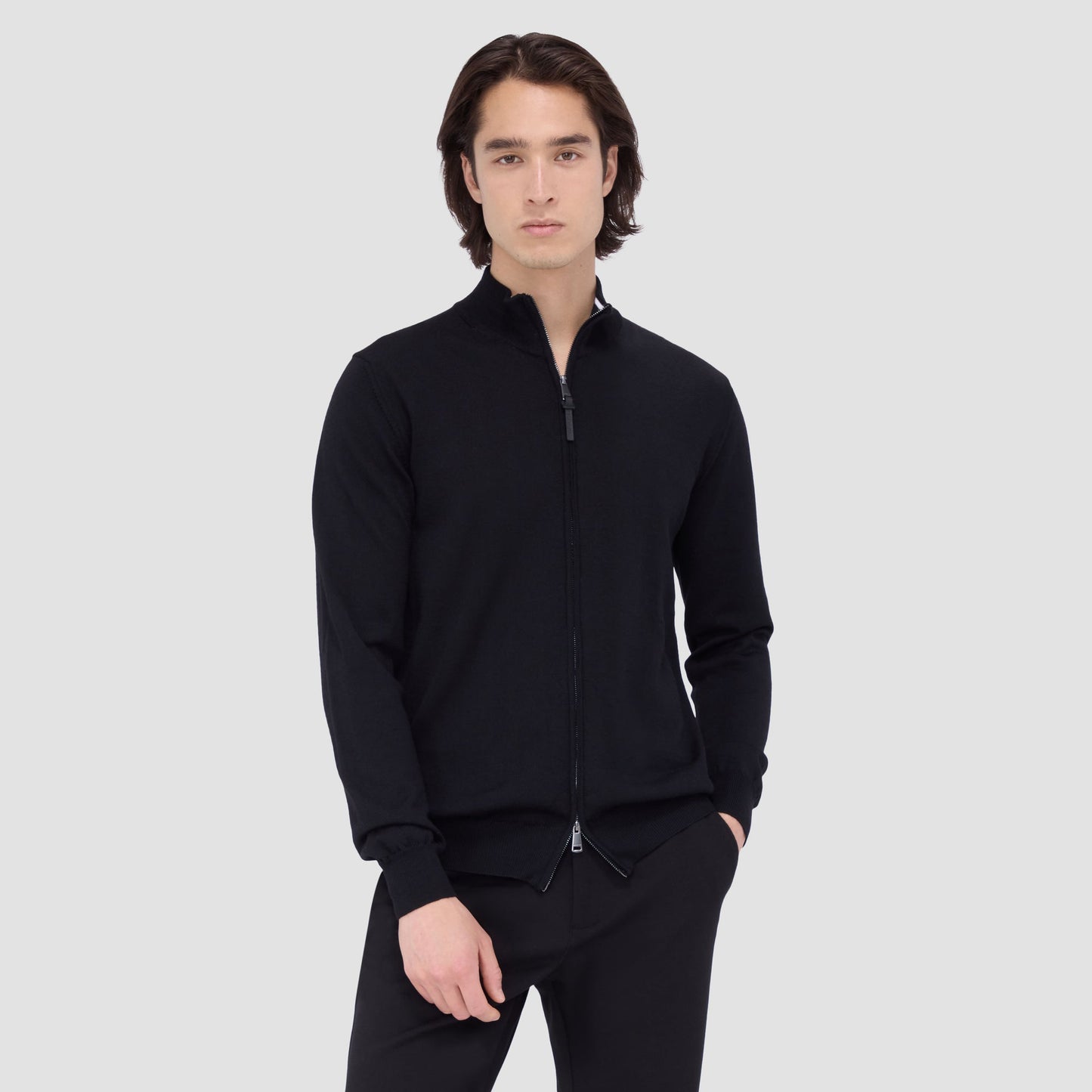 Bugatchi Super Merino™ Mock Neck Full Zip Sweater Black