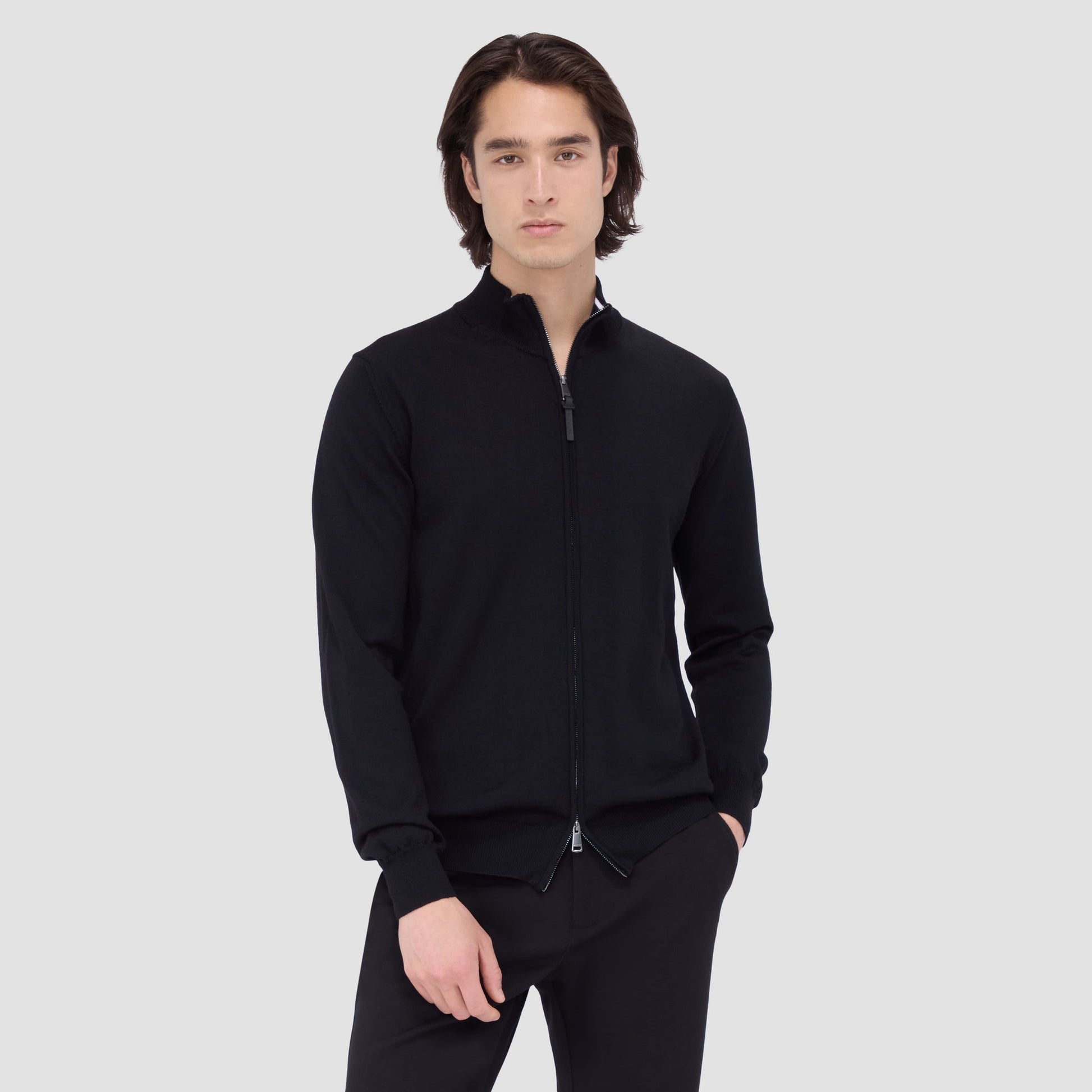 Bugatchi Super Merino™ Mock Neck Full Zip Sweater Black