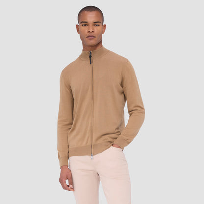 Bugatchi Super Merino™ Mock Neck Full Zip Sweater Camel