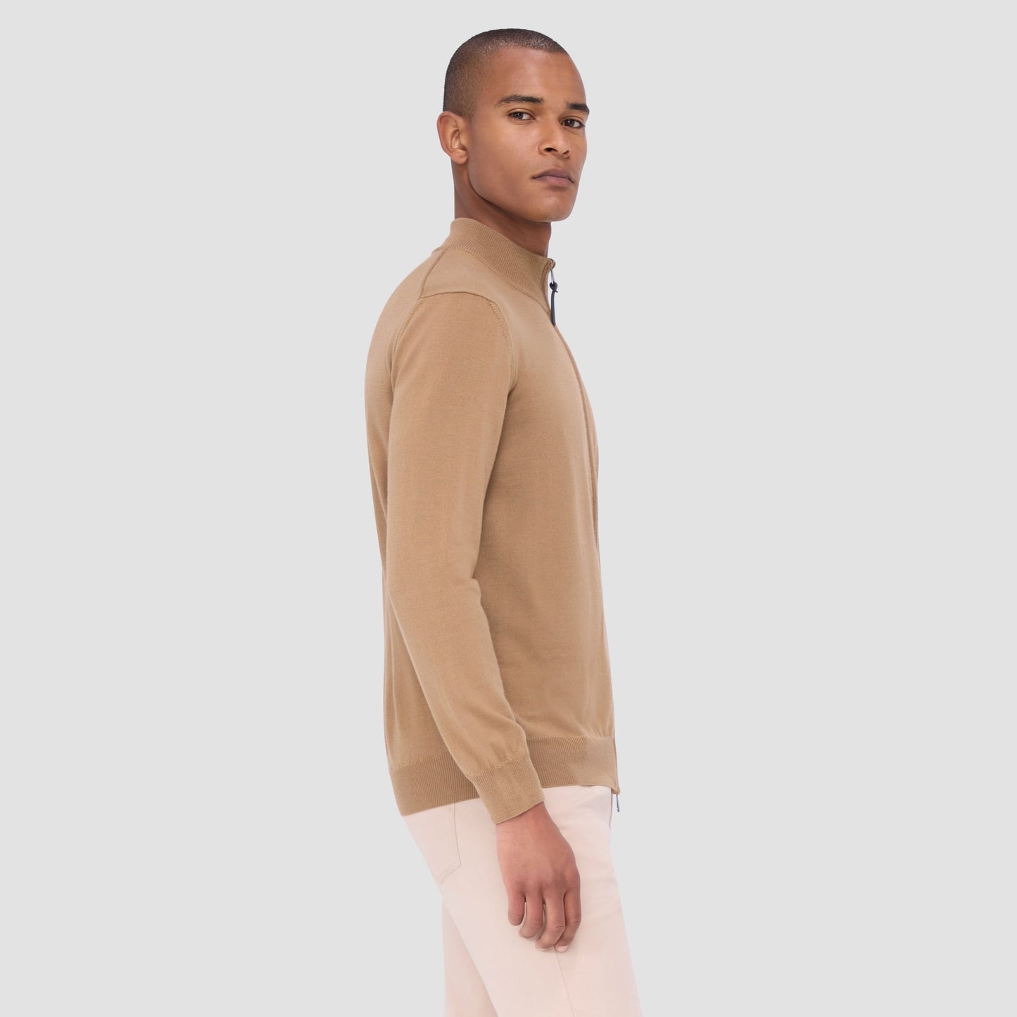 Bugatchi Super Merino™ Mock Neck Full Zip Sweater Camel