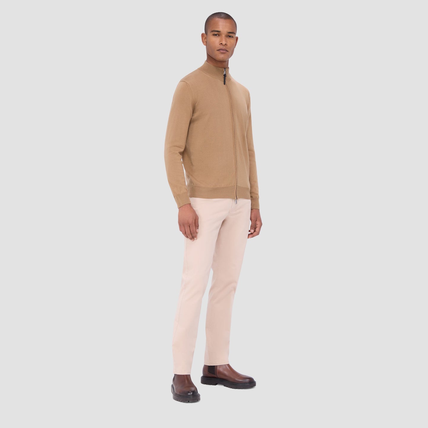 Bugatchi Super Merino™ Mock Neck Full Zip Sweater Camel