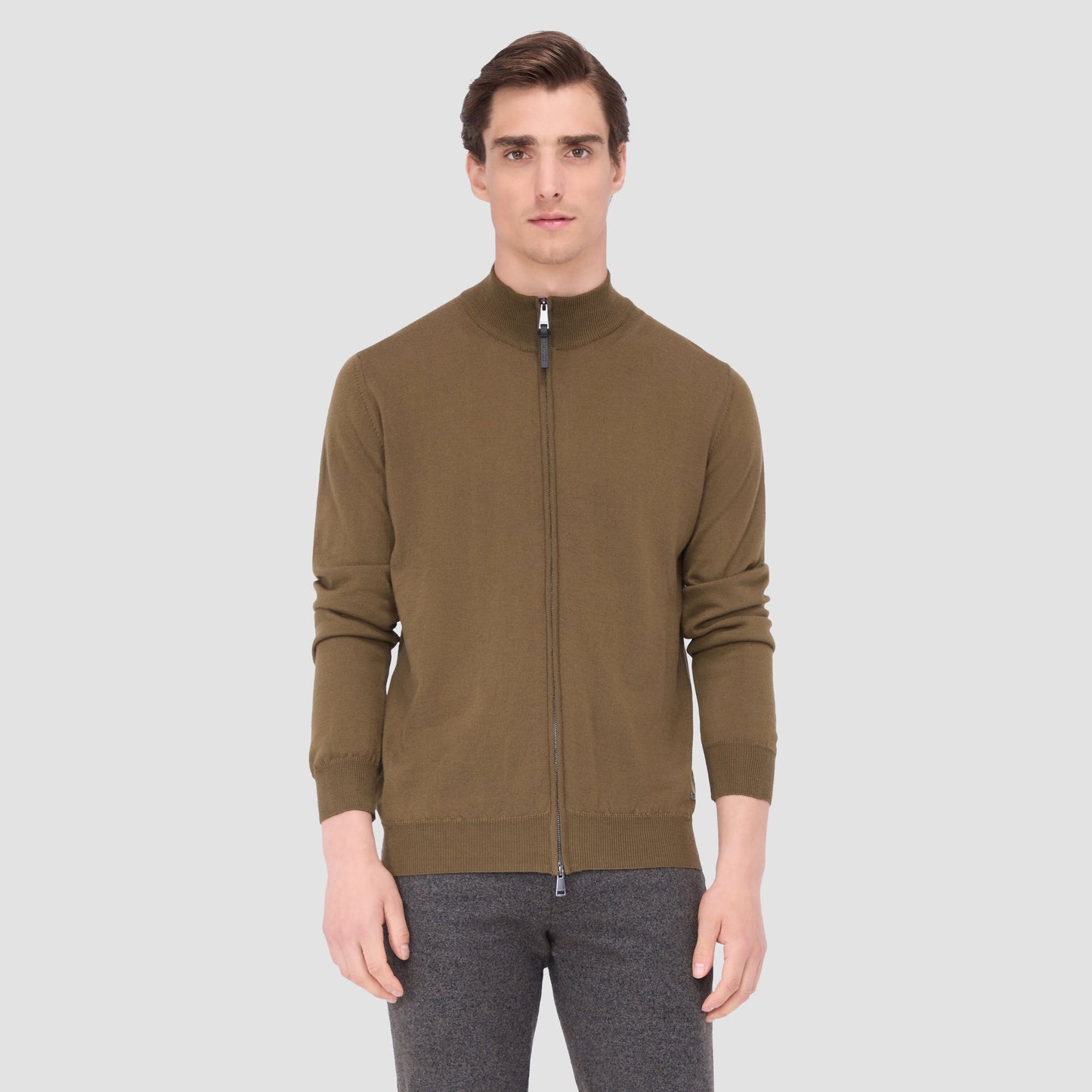 Bugatchi Super Merino™ Mock Neck Full Zip Sweater Moss