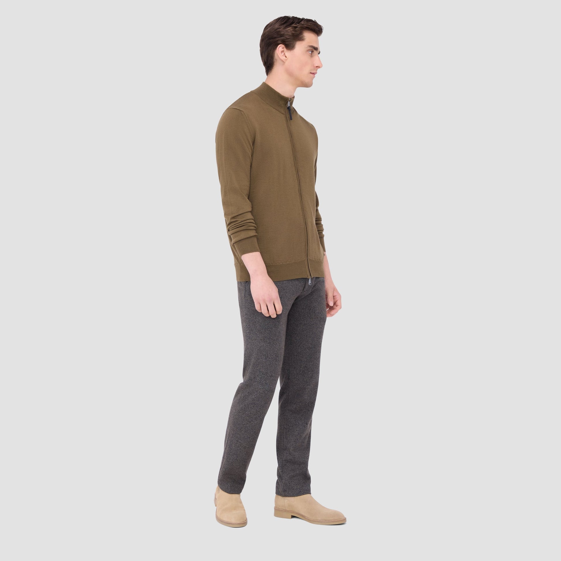 Bugatchi Super Merino™ Mock Neck Full Zip Sweater Moss