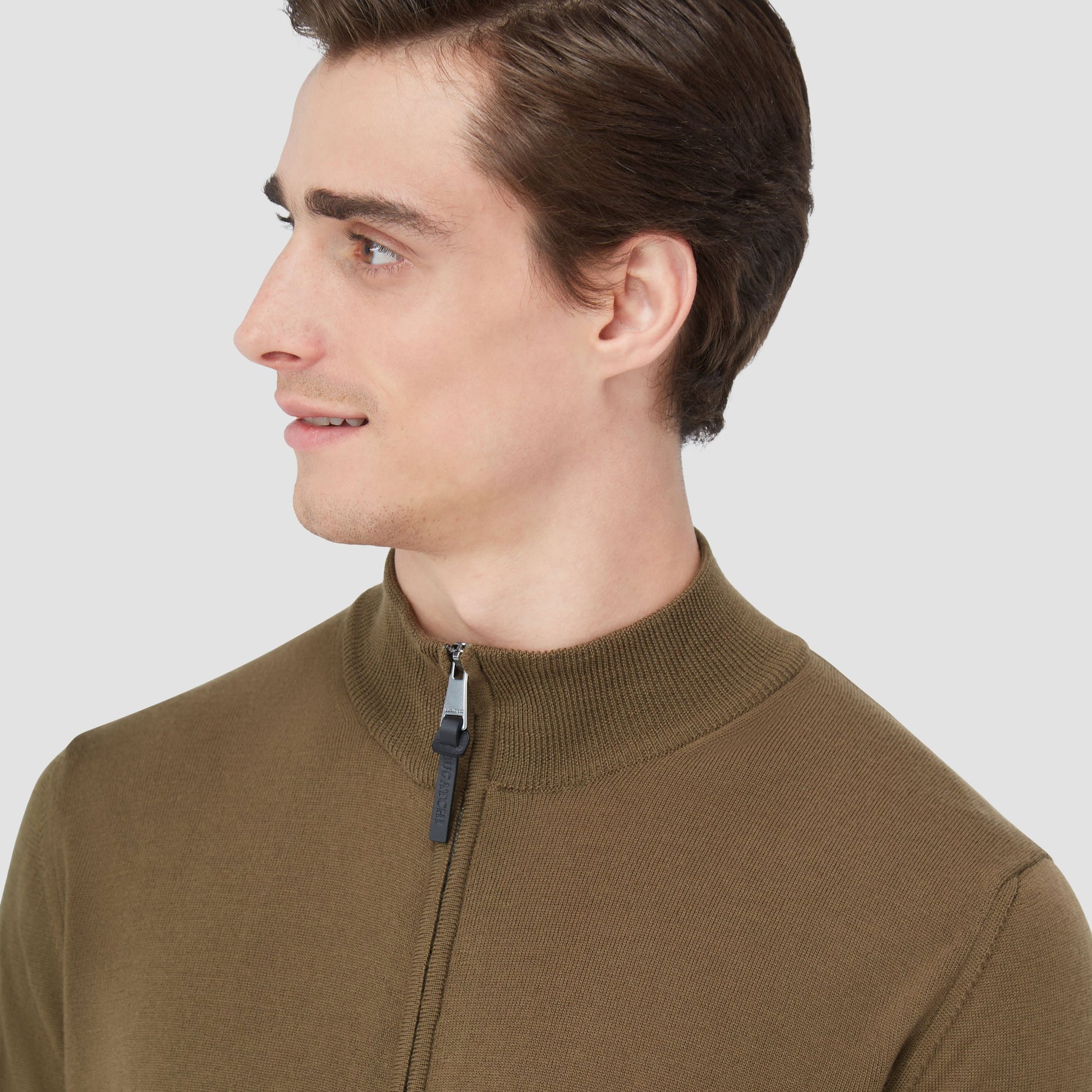 Bugatchi Super Merino™ Mock Neck Full Zip Sweater Moss
